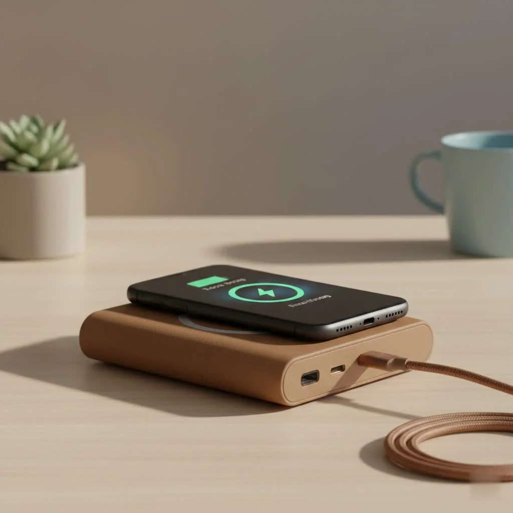 Solar power battery bank charging a smartphone outdoors