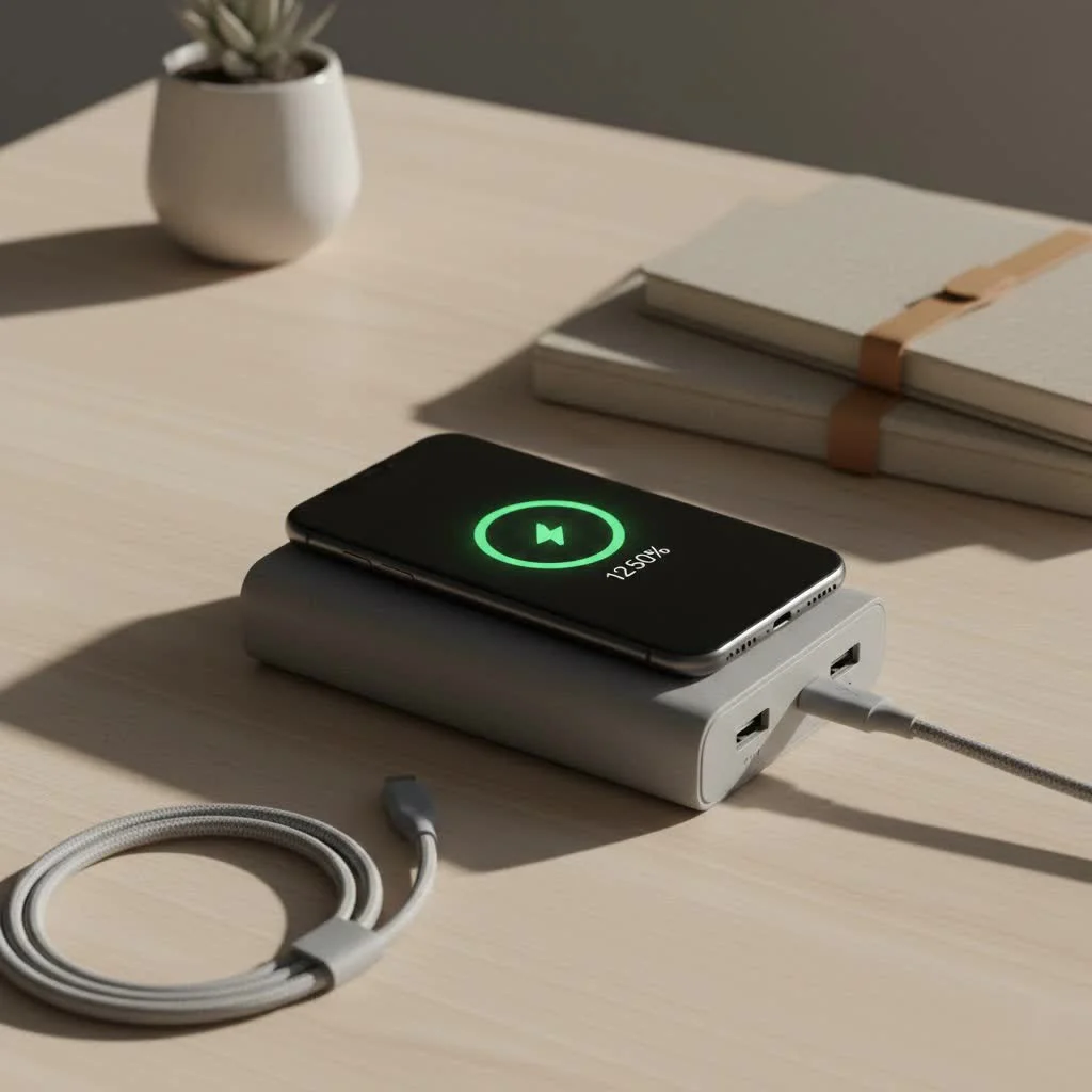 Person holding a smartphone connected to a portable power bank