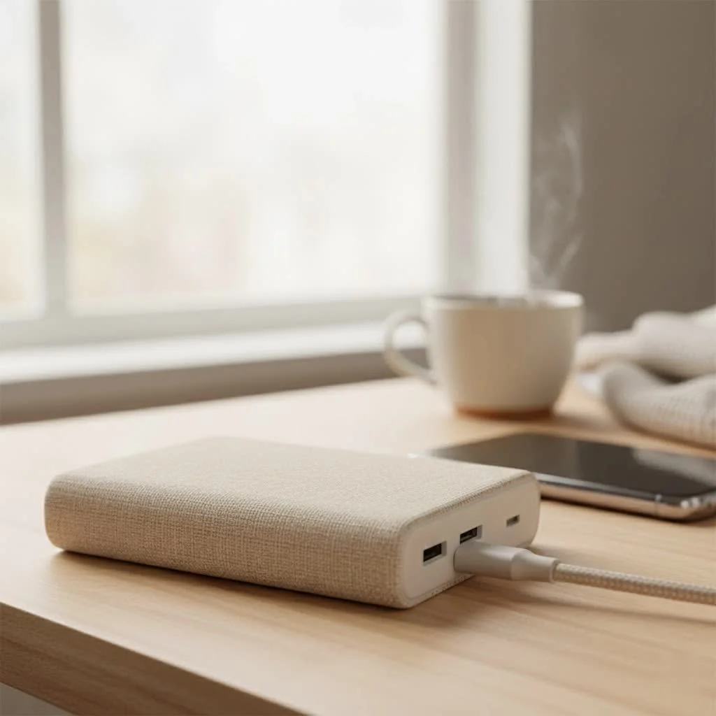 A sleek 10000mAh power bank charging a smartphone