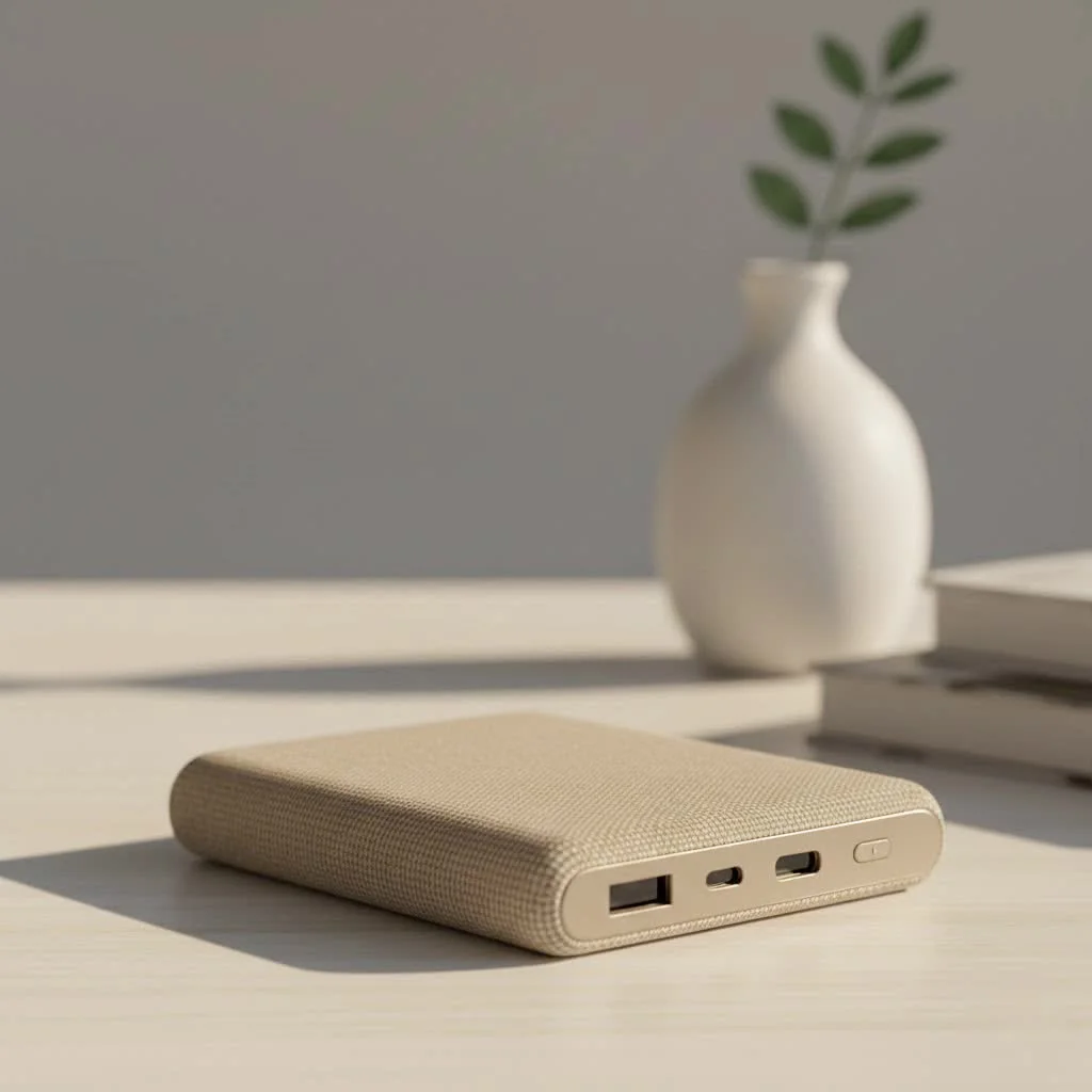 Person holding a smartphone connected to a fast charging power bank