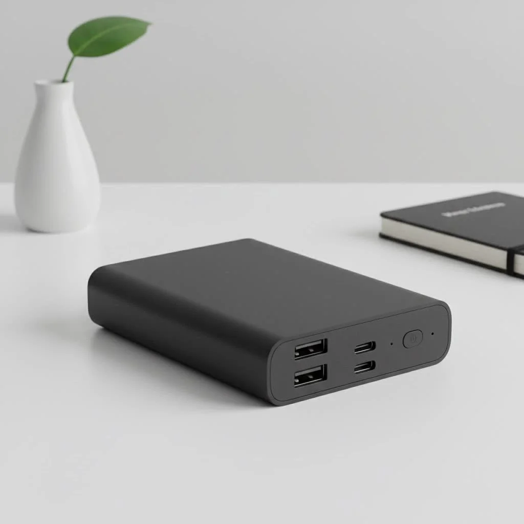 Person holding a smartphone connected to a portable power bank charger