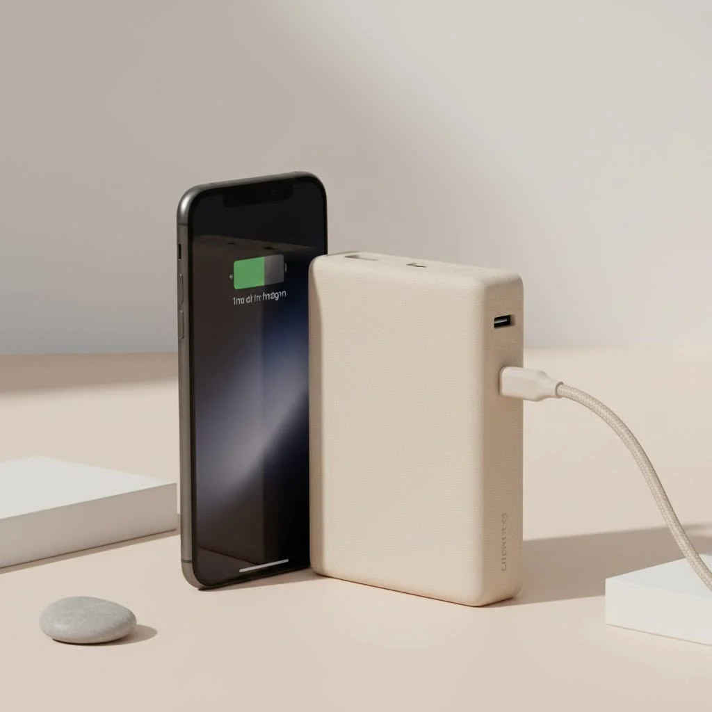 Person holding a smartphone connected to a portable power bank