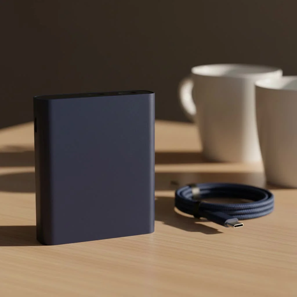 Person holding a smartphone charging from a portable power bank