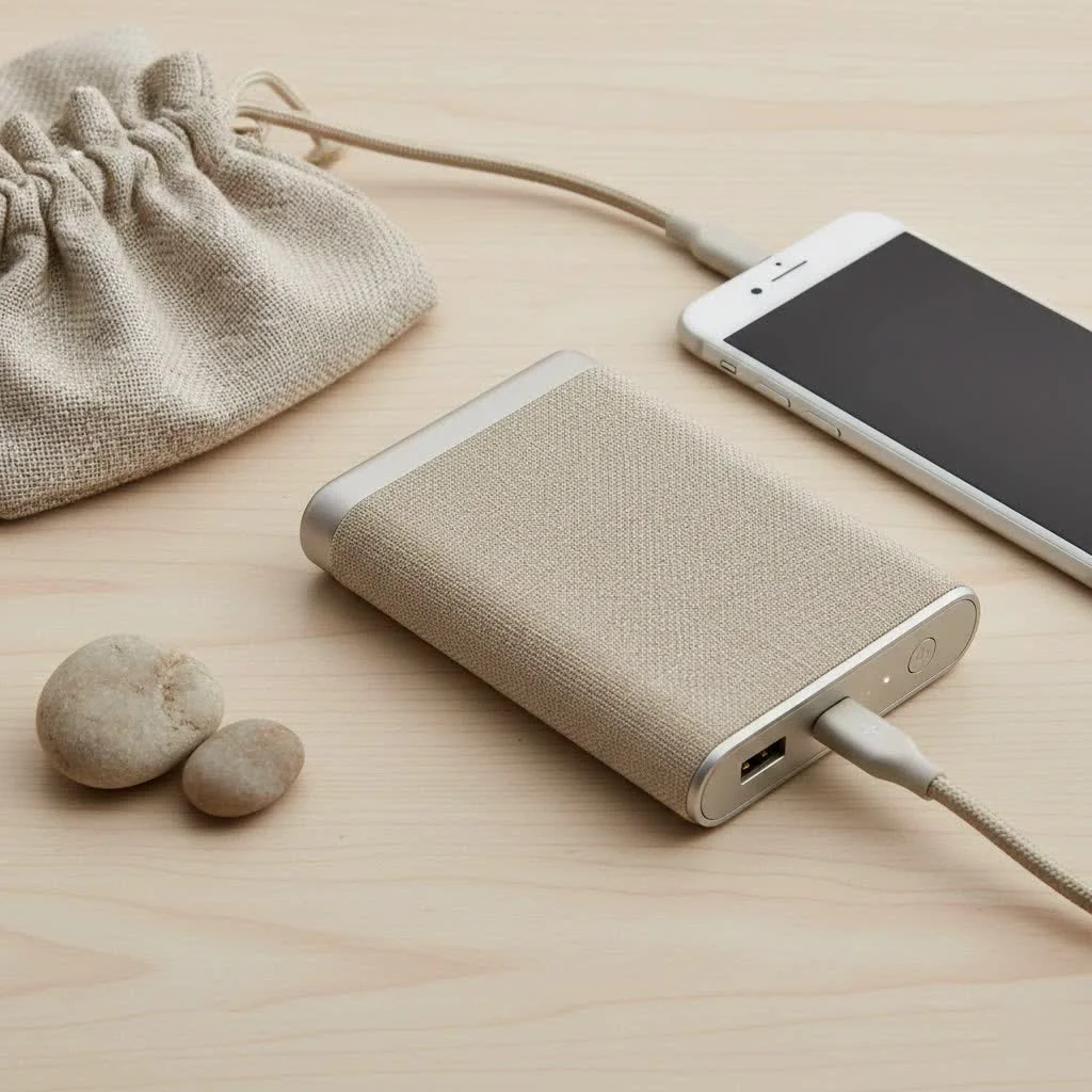 Camping power bank charging a smartphone outdoors