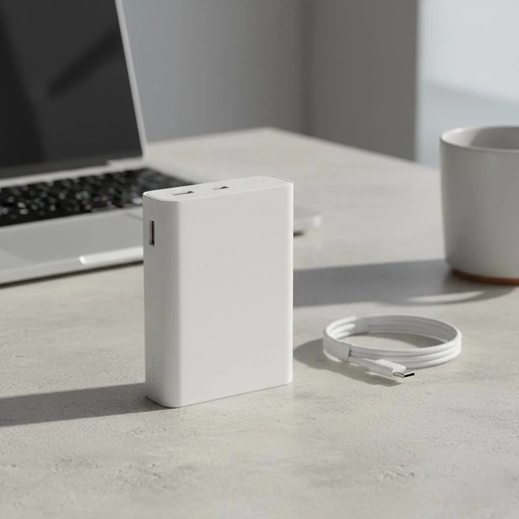 Person holding an iPhone connected to a portable power bank