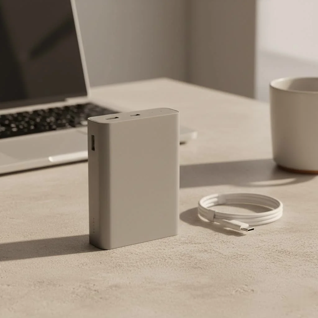 Person holding a smartphone connected to a portable power bank