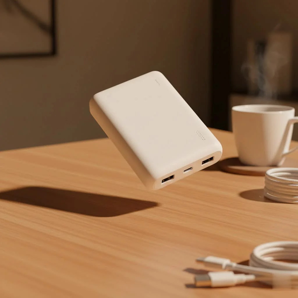 Person holding a smartphone connected to a portable power bank